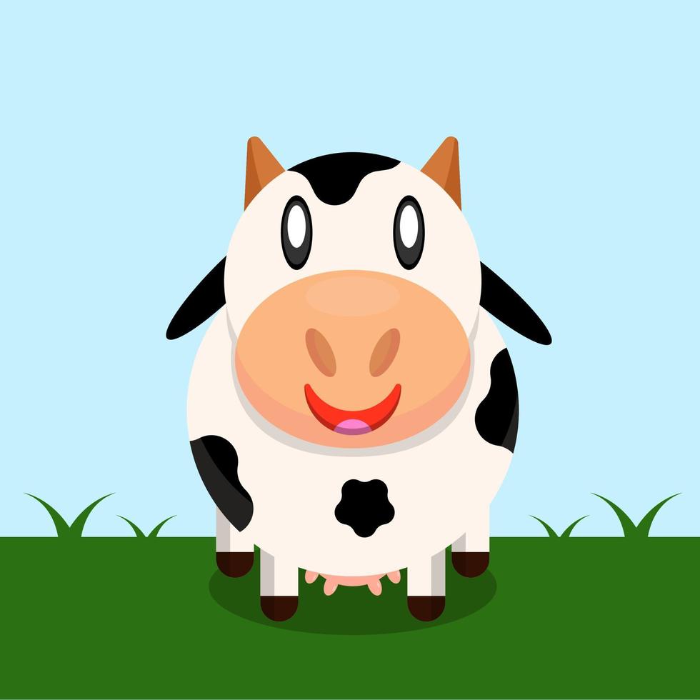 vaca de dibujos animados en la hierba con animales de categoría de cielo azul plano vector