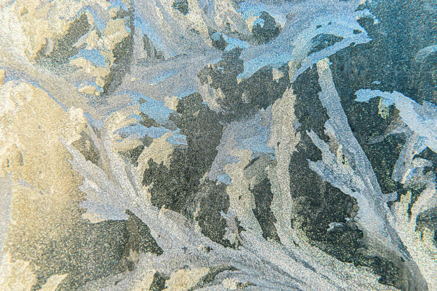 Frozen winter window with shiny ice frost pattern texture. Christmas wonder symbol, abstract background. Extreme north low temperature, natural Ice snow on frosty glass, cool winter weather outdoor. photo