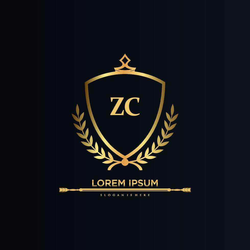 inicial de letra zc con plantilla real.elegante con vector de logotipo de corona, ilustración de vector de logotipo de letras creativas.