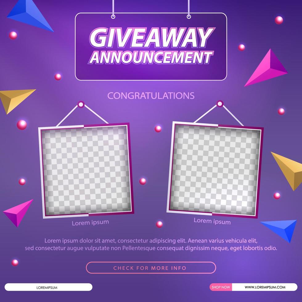 Giveaway winner announcement social media post template. Vector illustration