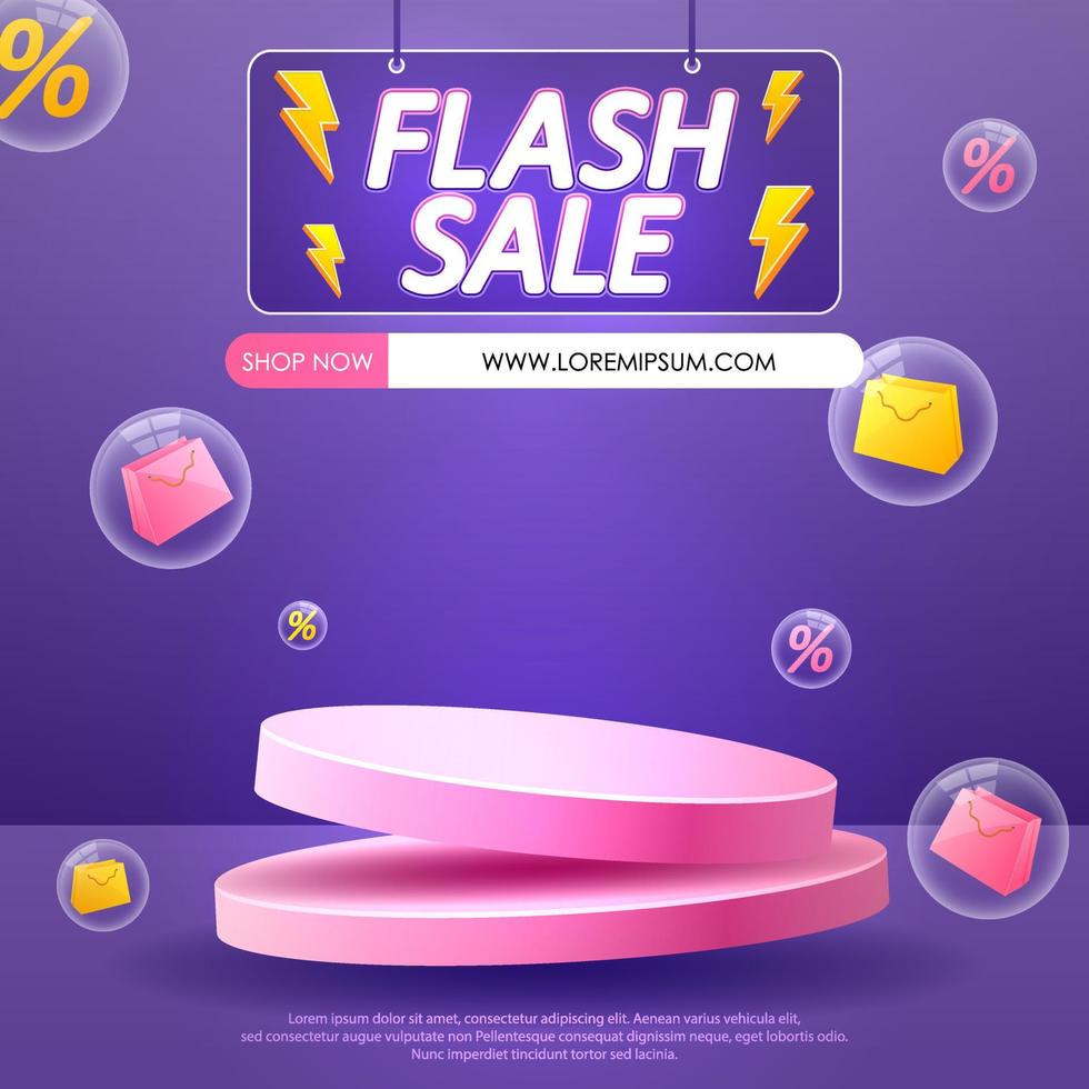 Flash sale promo banner template with podium and flying discount label, sale and discount background. Vector illustration