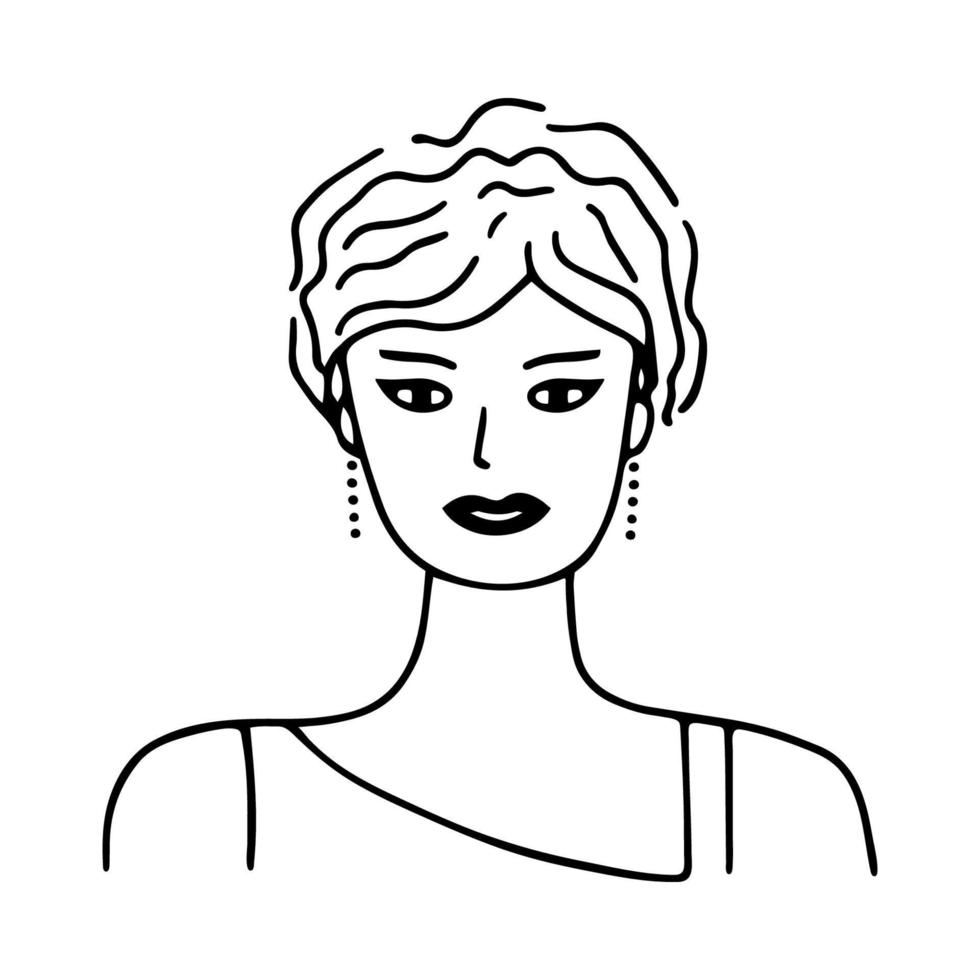 Doodle young girl portrait in evening attire. Face, head of woman. Trendy hand drawn icon. Black and white vector illustration. Hand drawn doodle sketch. Perfect for social media, avatars, poster