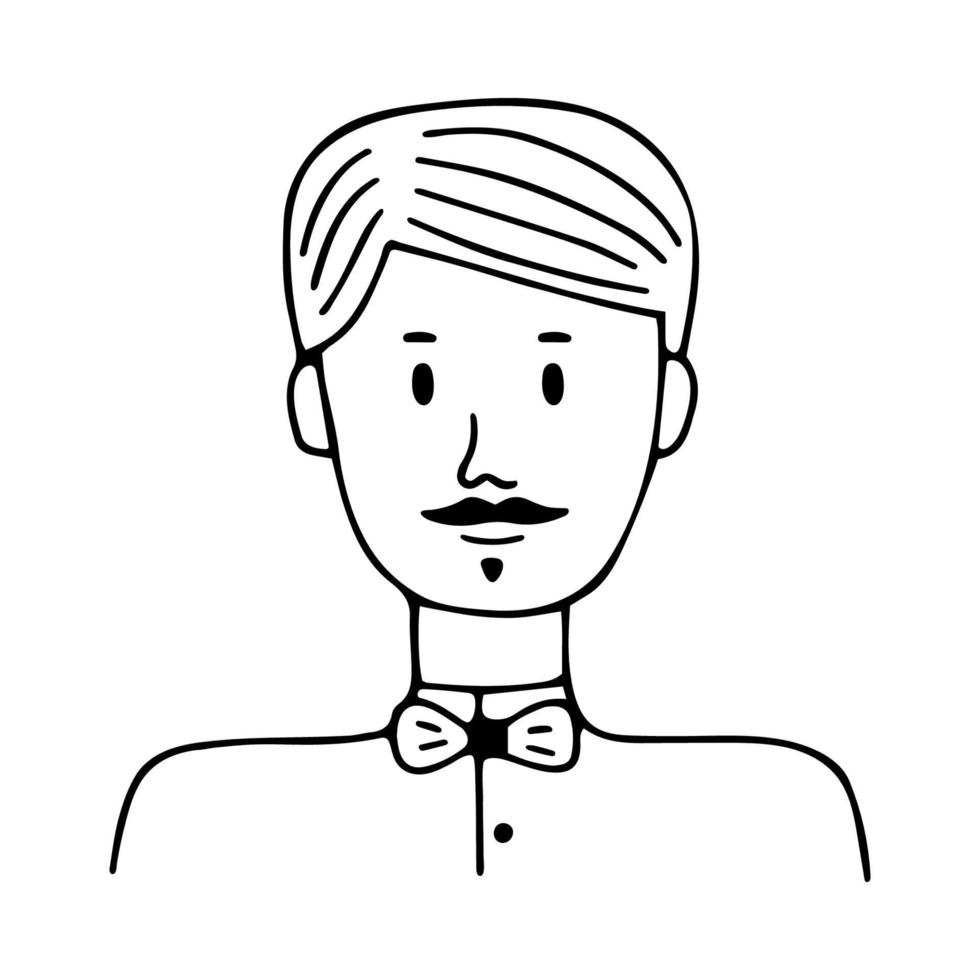 garabato joven con un retrato de bigote. icono dibujado a mano de moda. ilustración vectorial en blanco y negro. boceto de garabato dibujado a mano. perfecto para redes sociales, avatares, sitios web, afiches vector