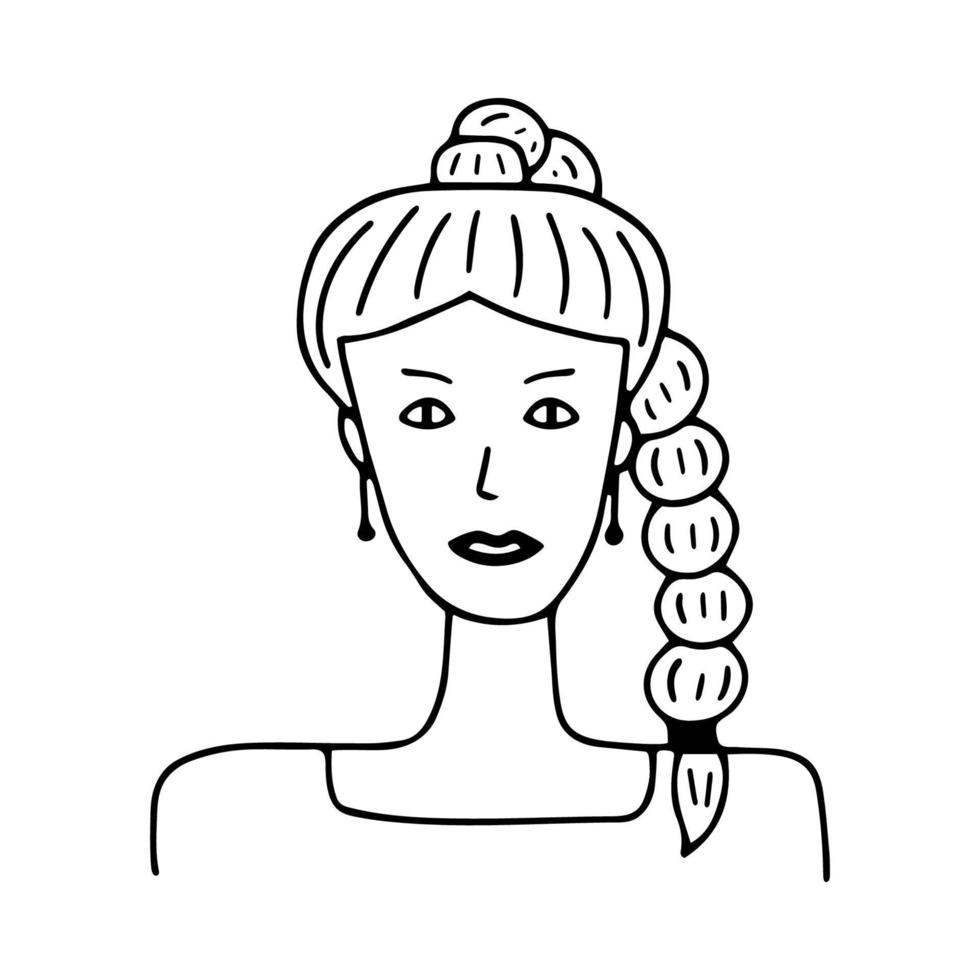 Doodle young girl with long braids portrait. Face, head of woman. Trendy hand drawn icon. Black and white vector illustration. Hand drawn doodle sketch. Perfect for social media, avatars, poster