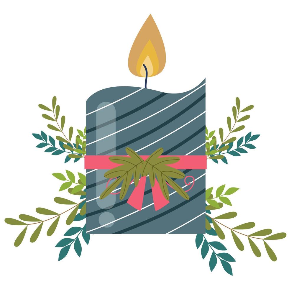 Christmas candle with ribbon and leaves. Vector illustration