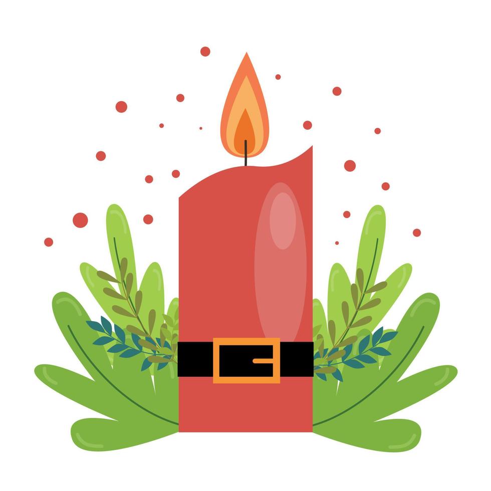 Christmas and New Year holiday greeting card with candles, belt and green leaves. Vector illustration in trendy style