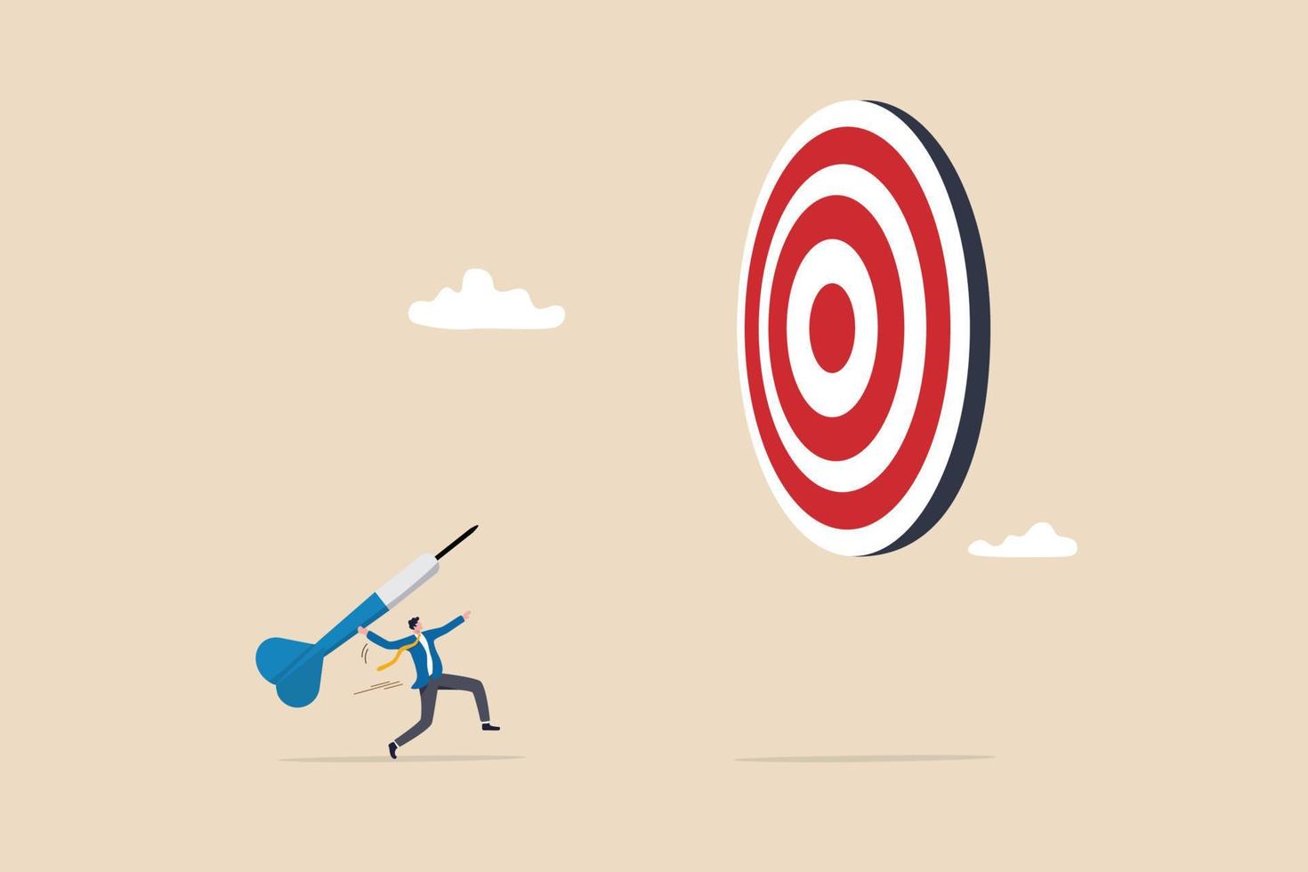Aiming for big goal, challenge to achieve target, success or accuracy, ambition or determination to reach business target concept, businessman throwing huge dart, aiming to hit dartboard bullseye. vector