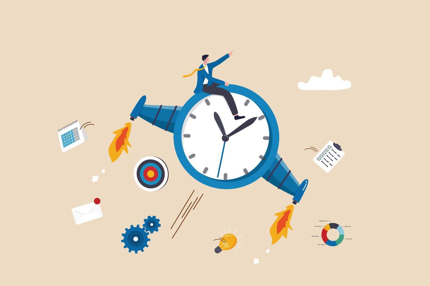 Improve productivity or efficiency, time management to finish within deadline, performance improvement or success concept, businessman riding fast flying clock with jetpack  increasing productivity. vector