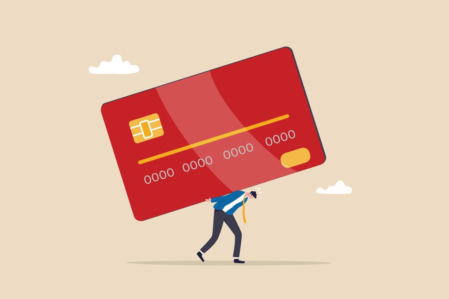 Credit card debt, financial problem, loan or obligation to pay back, over spending or expense, money trouble or despair concept, frustrated businessman carry credit card debt burden or loan payment. vector