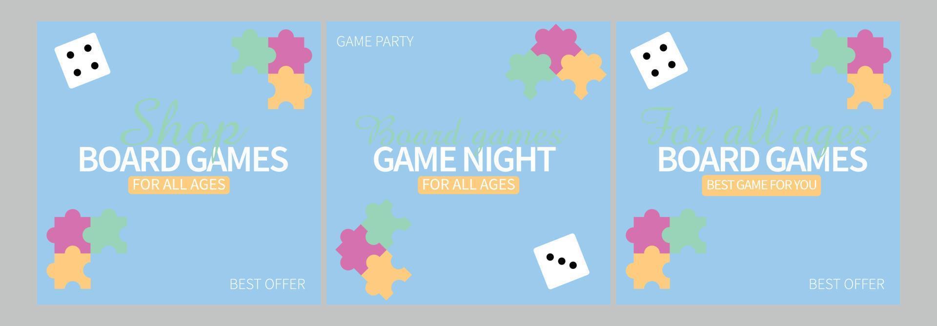 Board games post and web banner template design. Set of web banner, flyer or poster with blues accent for Board games offer promotion vector