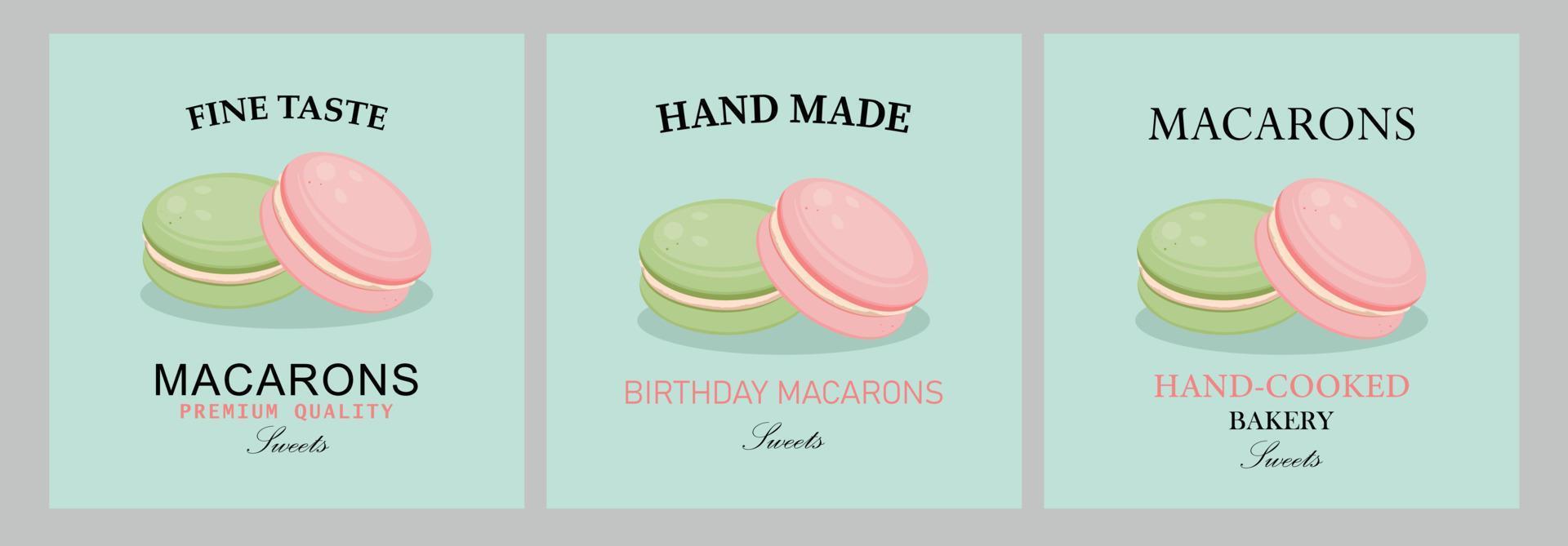 Poste de panadería macarons y diseño de plantilla de banner web. conjunto de banner web, volante o póster para la promoción de la oferta de panadería de macarons vector