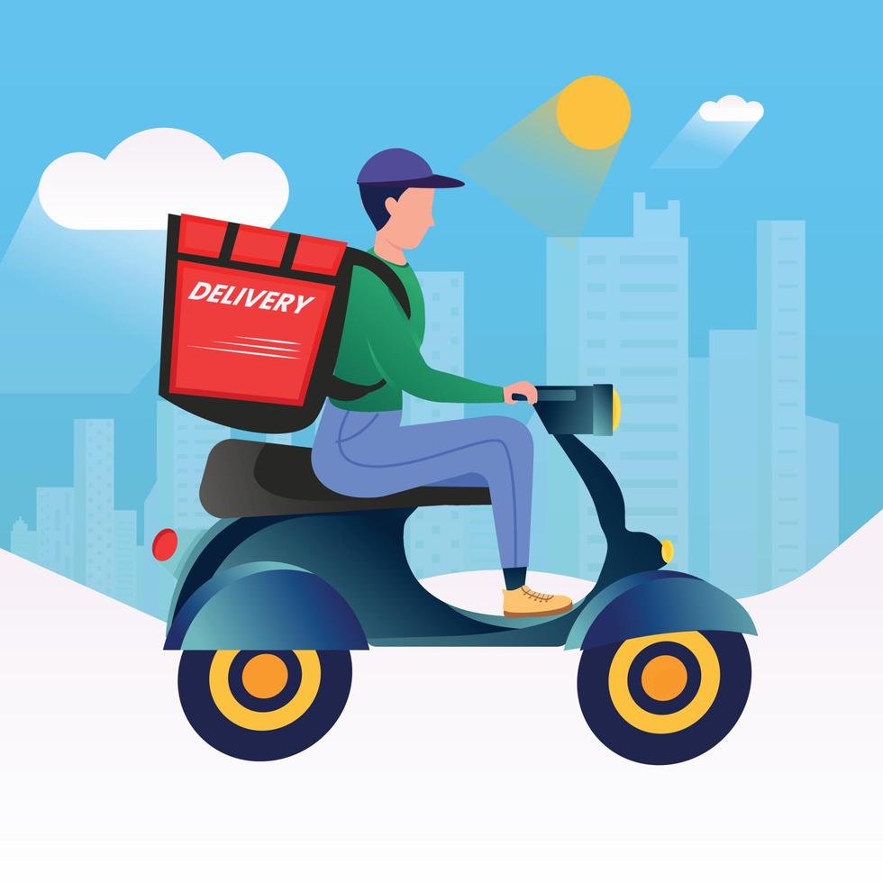 Food delivery guy online food deliver door to door service vector