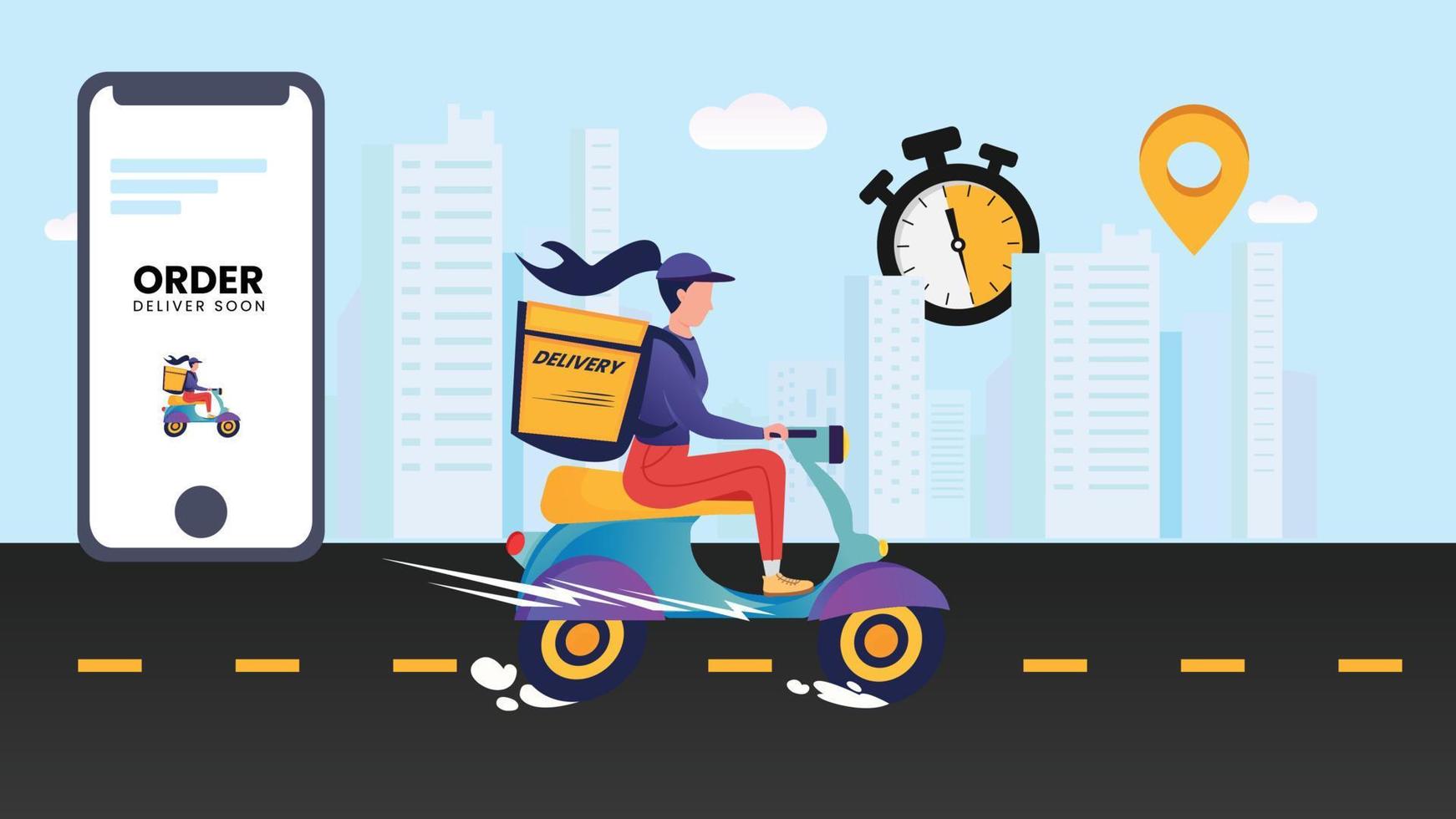 Delivery girl ride a bike with a skyline background grab fast food and deliver to your doorstep vector