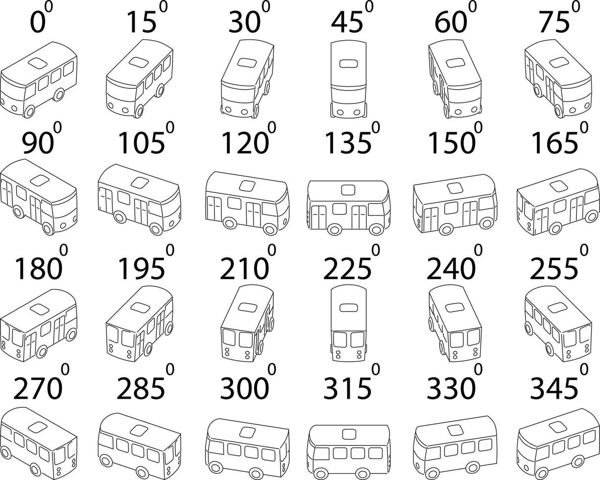 Set of 24 buses outline from different angles. vector