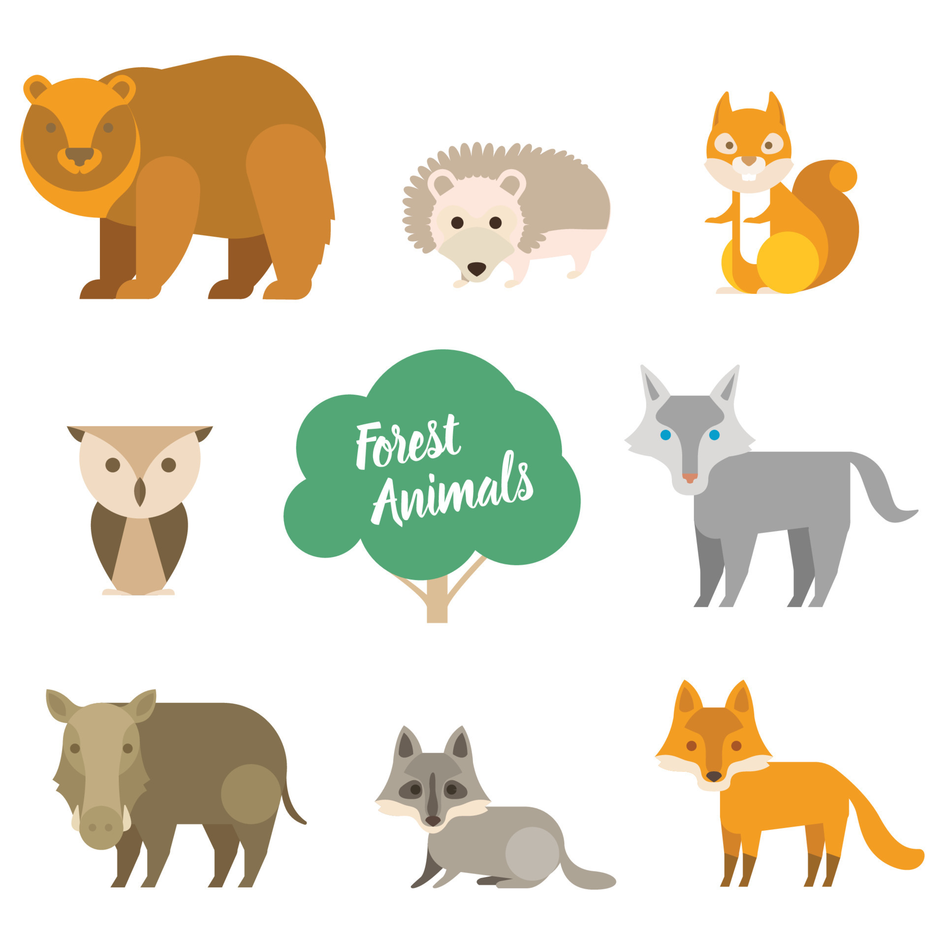 Cute wild animals clipart collection, isolated on white. Handdrawn