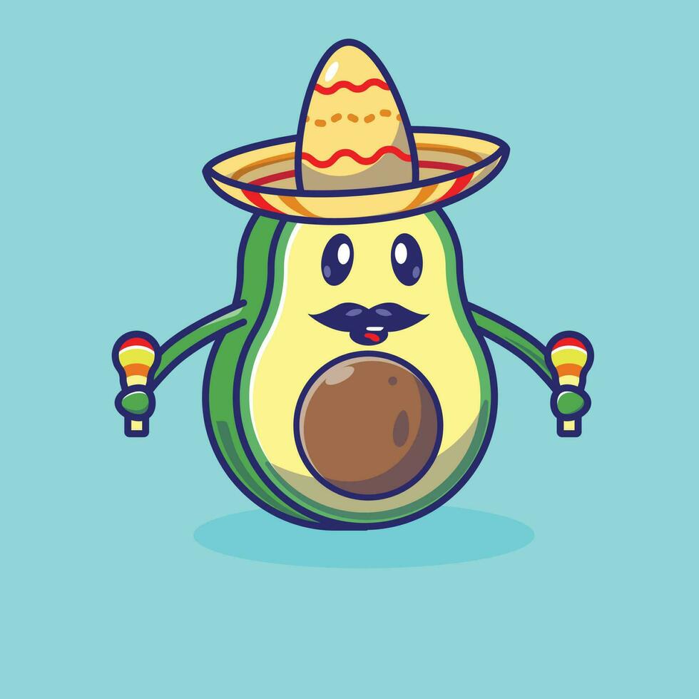 Simple cartoon illustration of cute avocado wearing a sombrero hat and maracas musical instrument. Fantasy fruit concept. vector