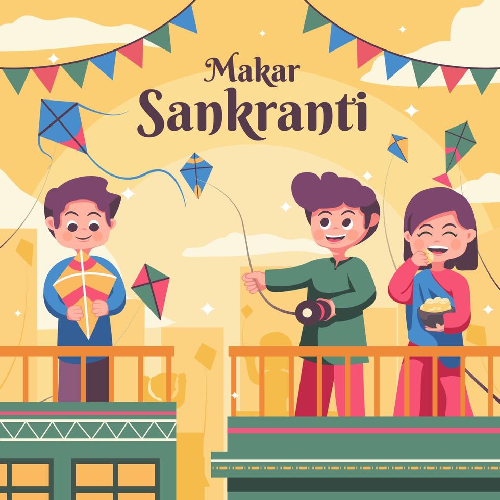 Kids Playing Kite For Celebrate Makar Sankrati vector