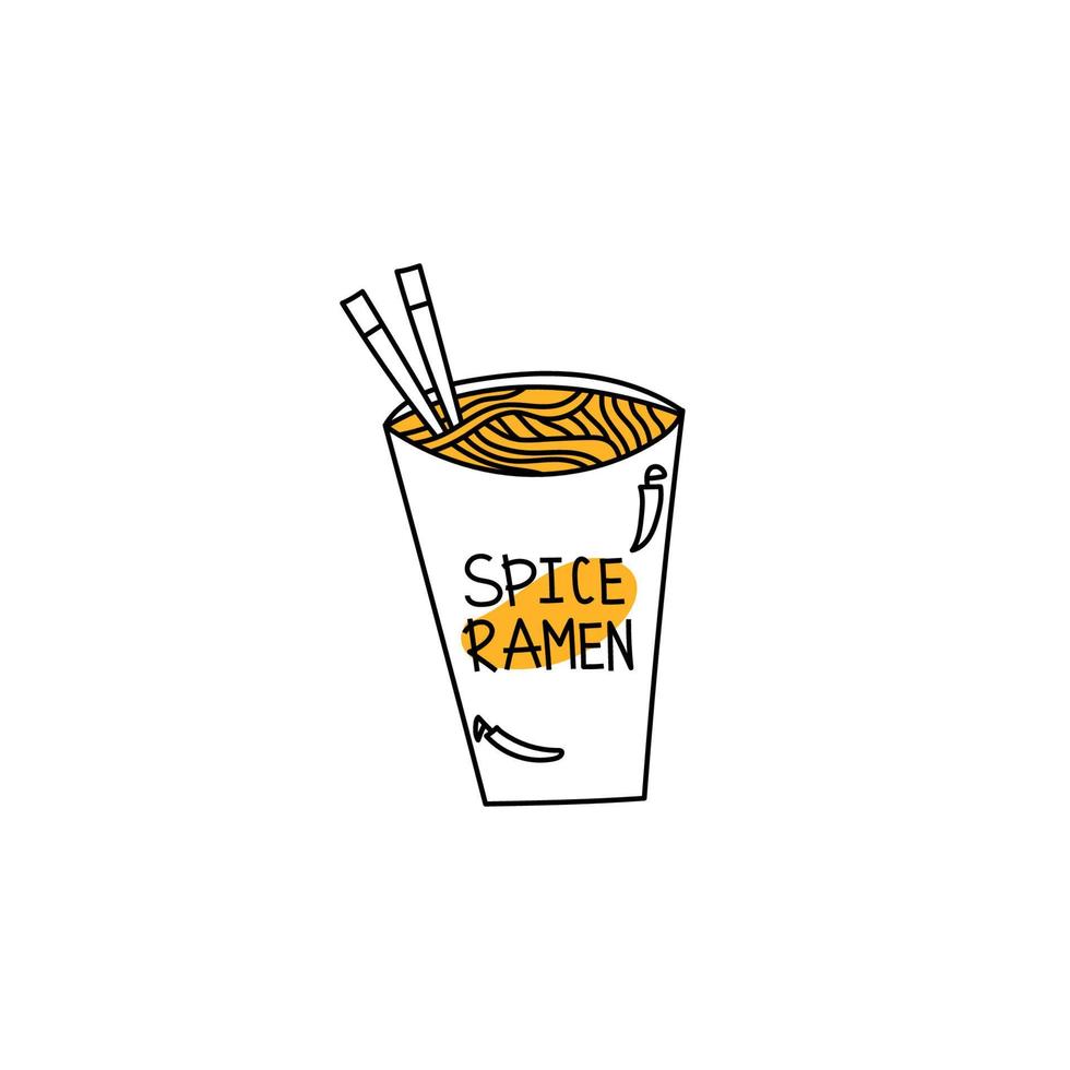 Japanese instant cup noodle. Doodle noodles in a cup. Korean spicy ramen. Asian fast food vector illustration