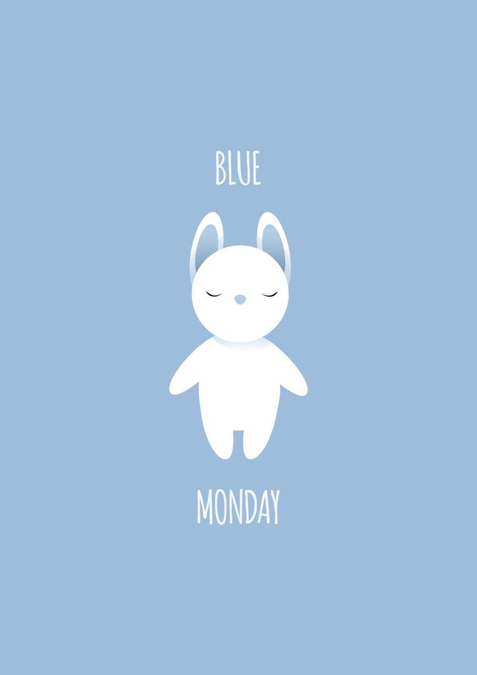 A sad white bunny with closed eyes lies on a blue background on a blue monday vector