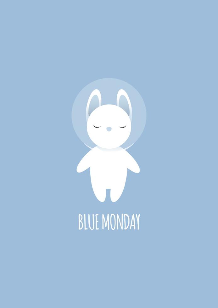 Cute white sad bunny in space suit on blue monday vector