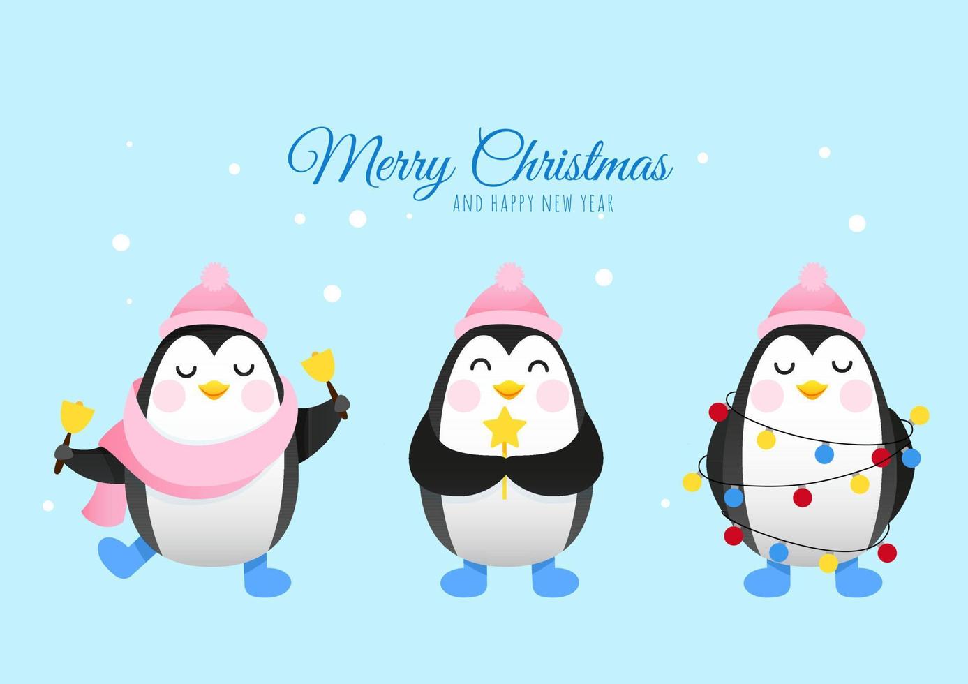 tres lindos pingüinos con una guirnalda de año nuevo desean feliz navidad vector
