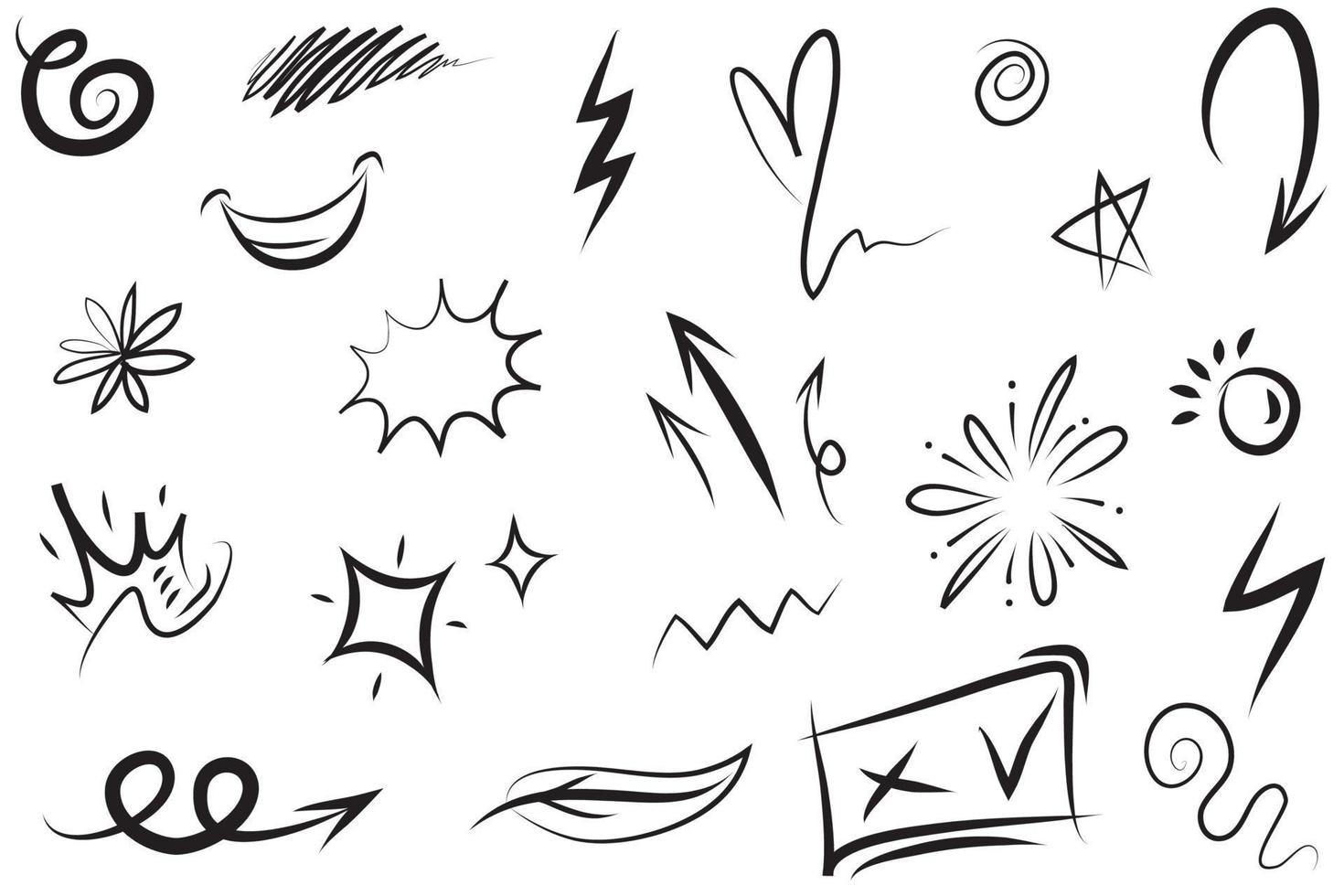 Abstract arrows, ribbons, fireworks, hearts, lightning,love , leaf, stars, cone, crowns and other elements in a hand drawn style for concept designs. Scribble illustration. vector