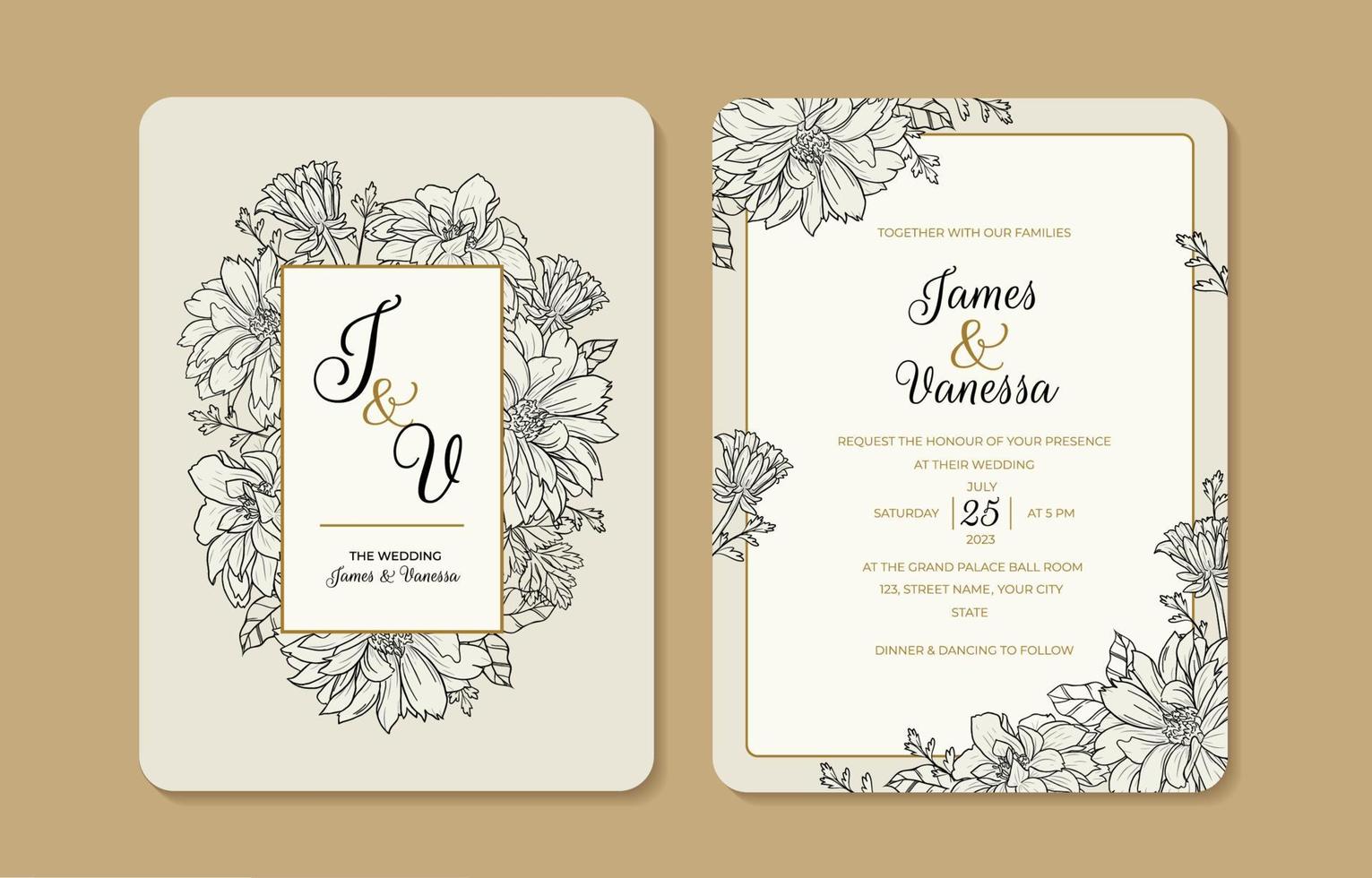 hermoso diseño de invitación de boda con flor de dalia dibujada a mano vector