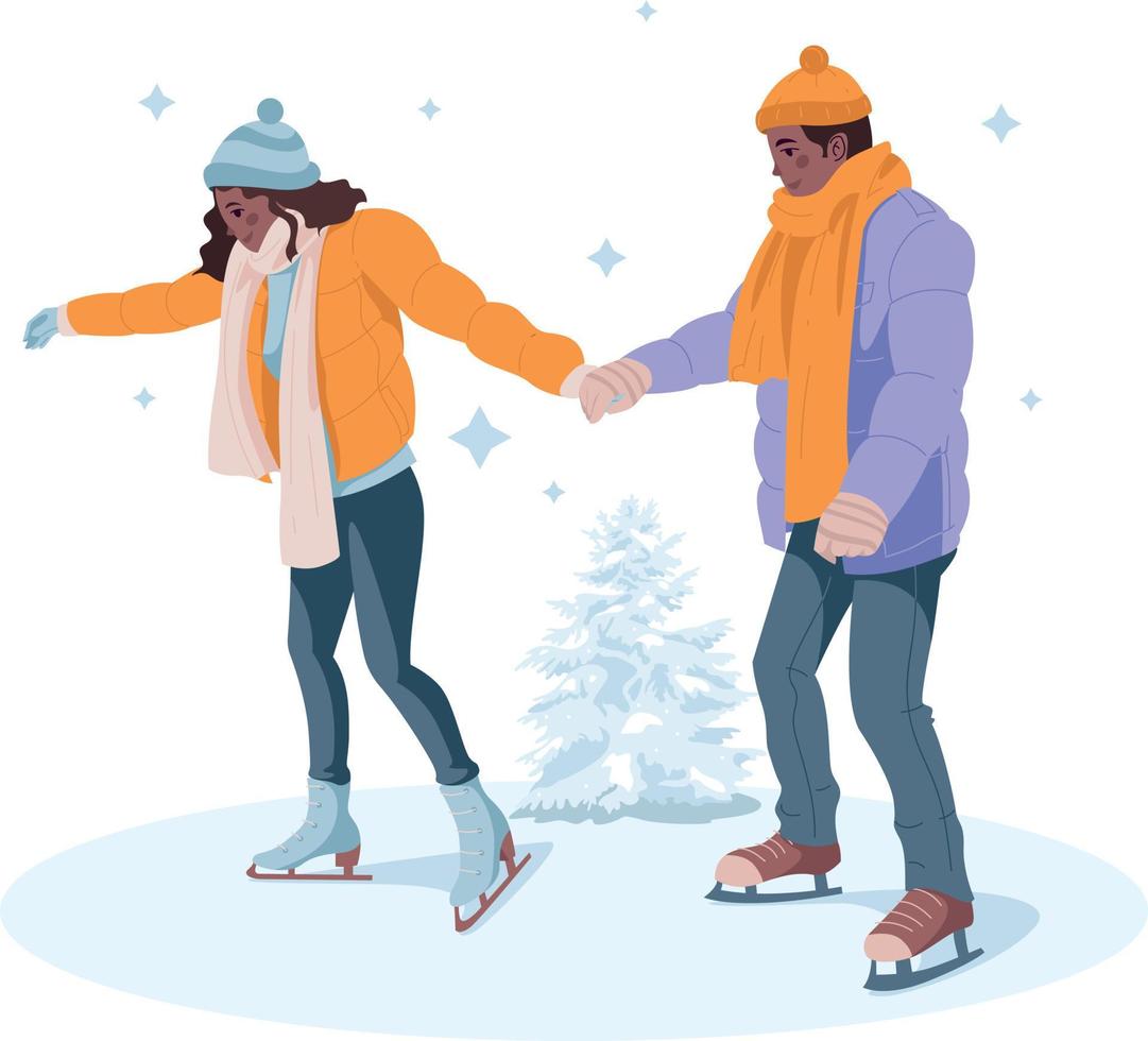 pareja patinando en una pista de patinaje sobre hielo en el parque. ilustración vectorial vector