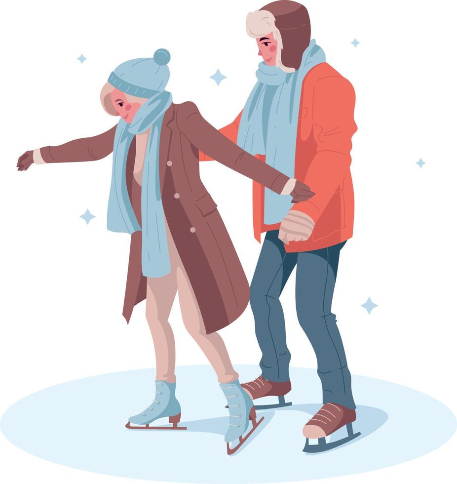 pareja patinando en una pista de patinaje sobre hielo en el parque. ilustración vectorial vector