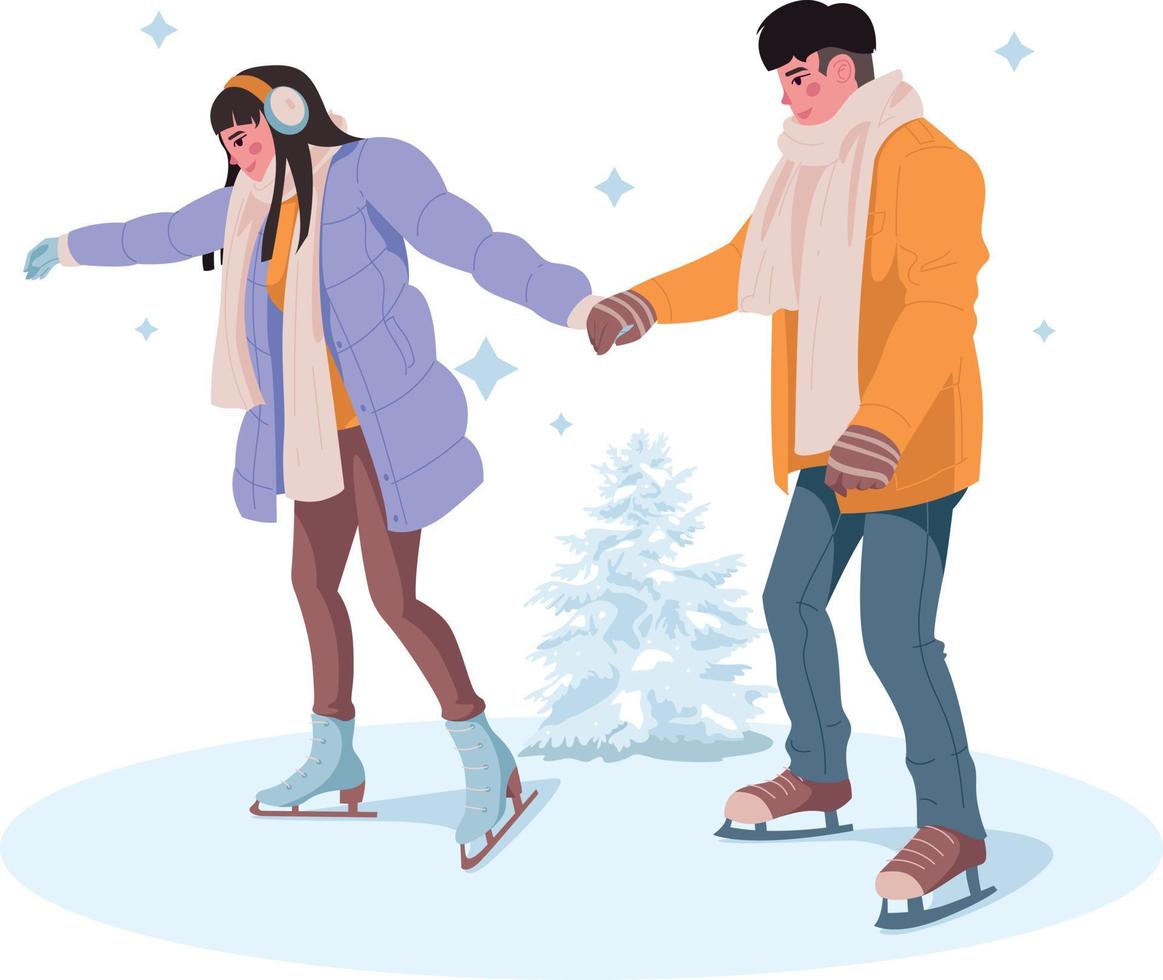 pareja patinando en una pista de patinaje sobre hielo en el parque. ilustración vectorial vector