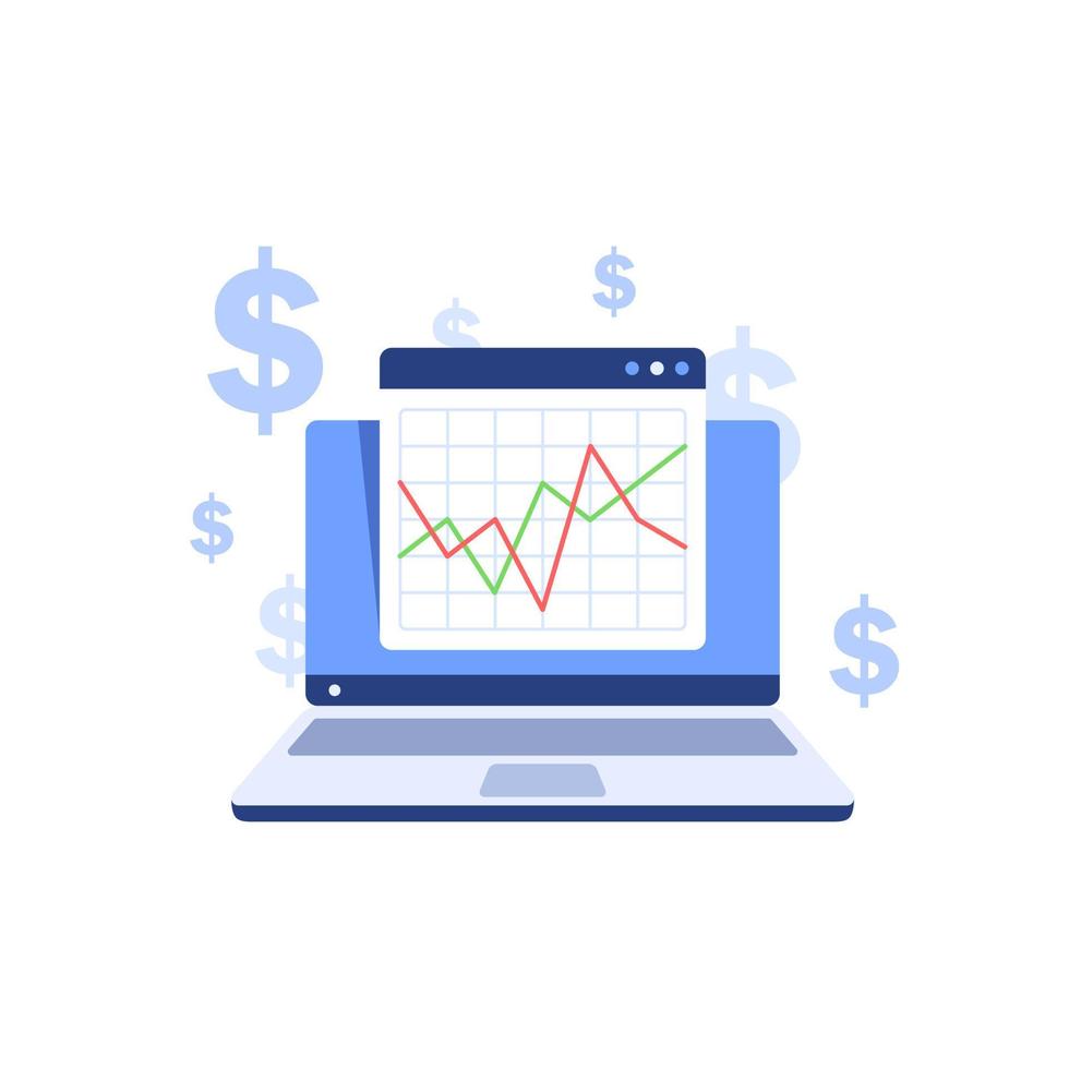 Stocks market graph chart on laptop screen. Technical analysis candlestick chart. Global stock exchanges index. Forex trading concept. Trading strategy vector