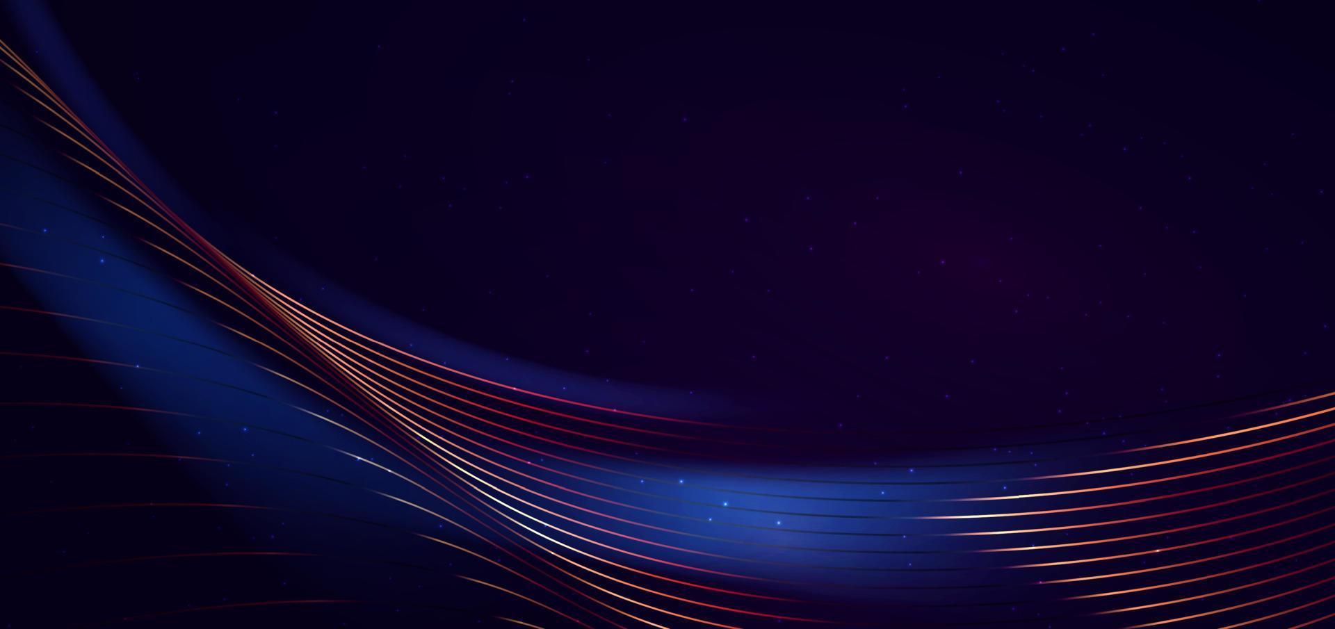 Abstract glowing lines curved neon light red and orange on dark blue background. vector