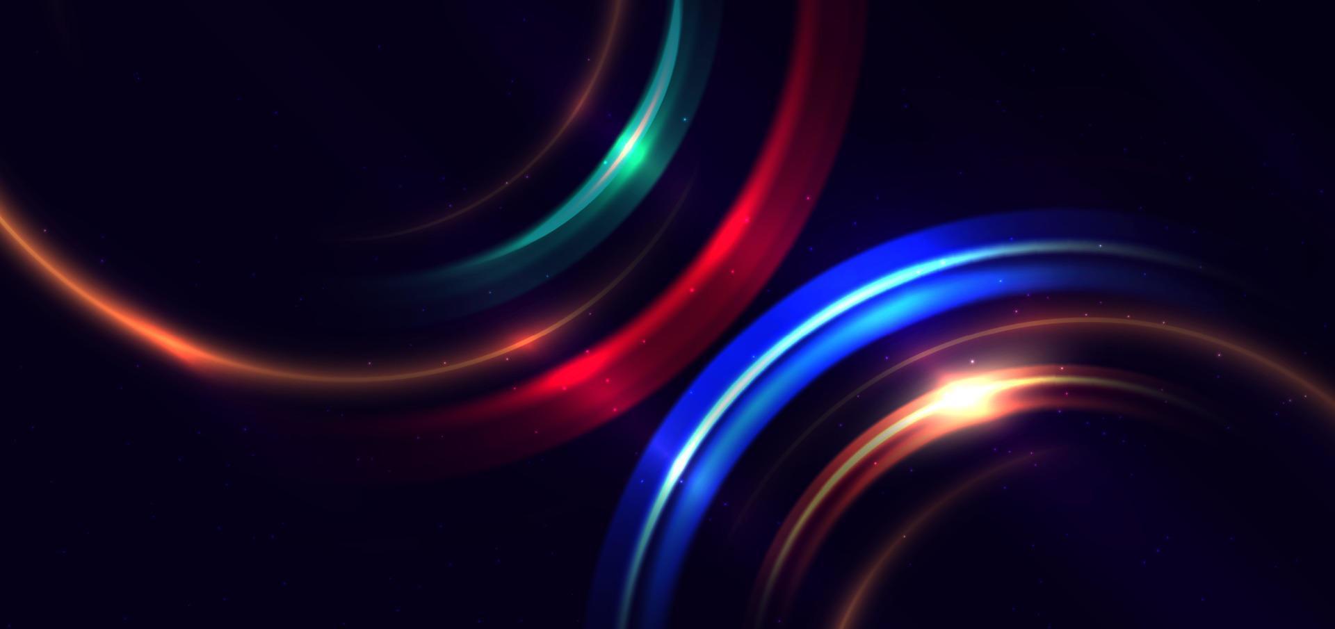 Abstract technology futuristic neon circle glowing blue, green and red light lines with speed motion blur effect on dark blue background. vector