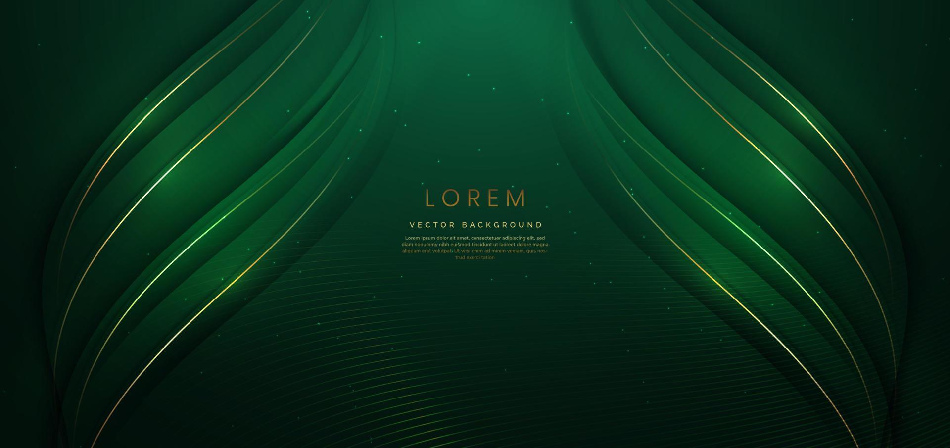 Abstract 3d gold curved green ribbon on dark green background with lighting effect and sparkle with copy space for text. Luxury design style. vector