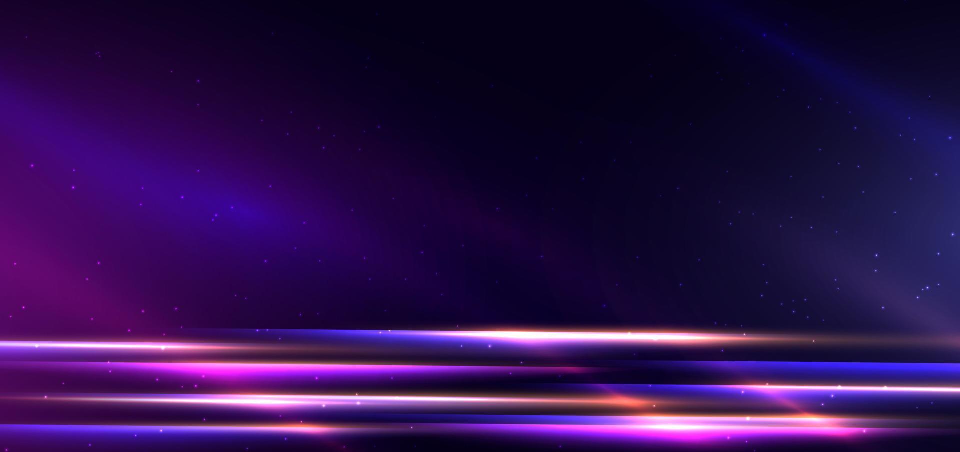 Abstract technology futuristic neon horizontal glowing blue and pink  light lines with speed motion blur effect on dark blue background. vector