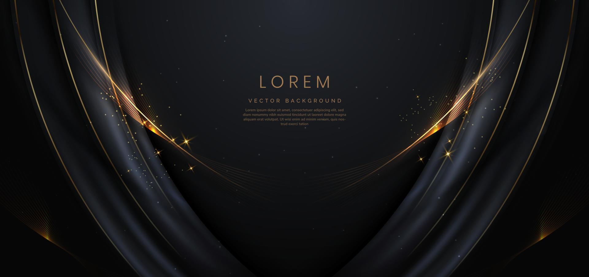 Abstact 3d luxury black curve with border golden curve lines elegant and lighting effect on black background. vector
