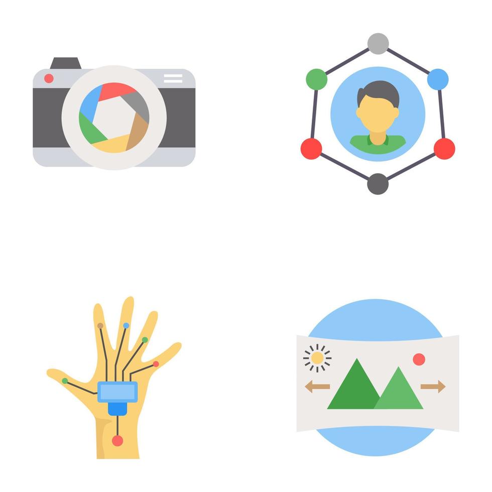 Trendy Augmented Reality Flat Icons Camera, device, communication network, media profile, vr glove, virtual reality, landscape image, 3d image, vector
