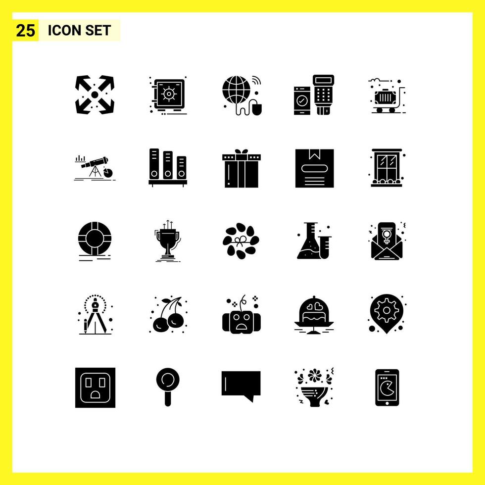 Set of 25 Commercial Solid Glyphs pack for travel luggage iot scan payment Editable Vector Design Elements