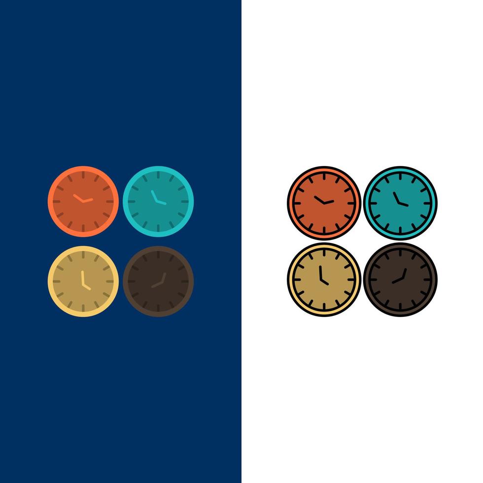 reloj relojes de negocios relojes de oficina zona horaria relojes de pared iconos de hora mundial conjunto de iconos llenos de línea y plana vector fondo azul