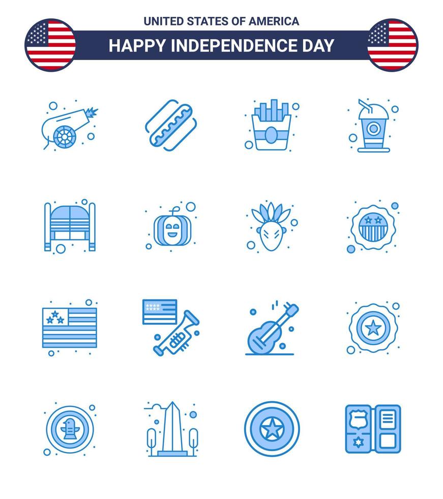 Modern Set of 16 Blues and symbols on USA Independence Day such as saloon bar fast soda cola Editable USA Day Vector Design Elements