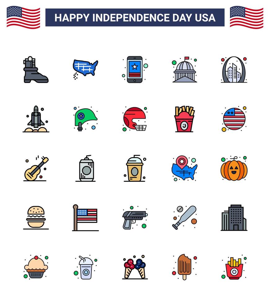 Modern Set of 25 Flat Filled Lines and symbols on USA Independence Day such as arch usa star landmark building Editable USA Day Vector Design Elements