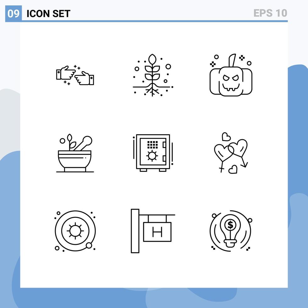 9 User Interface Outline Pack of modern Signs and Symbols of safe box pumpkin bank soup Editable Vector Design Elements