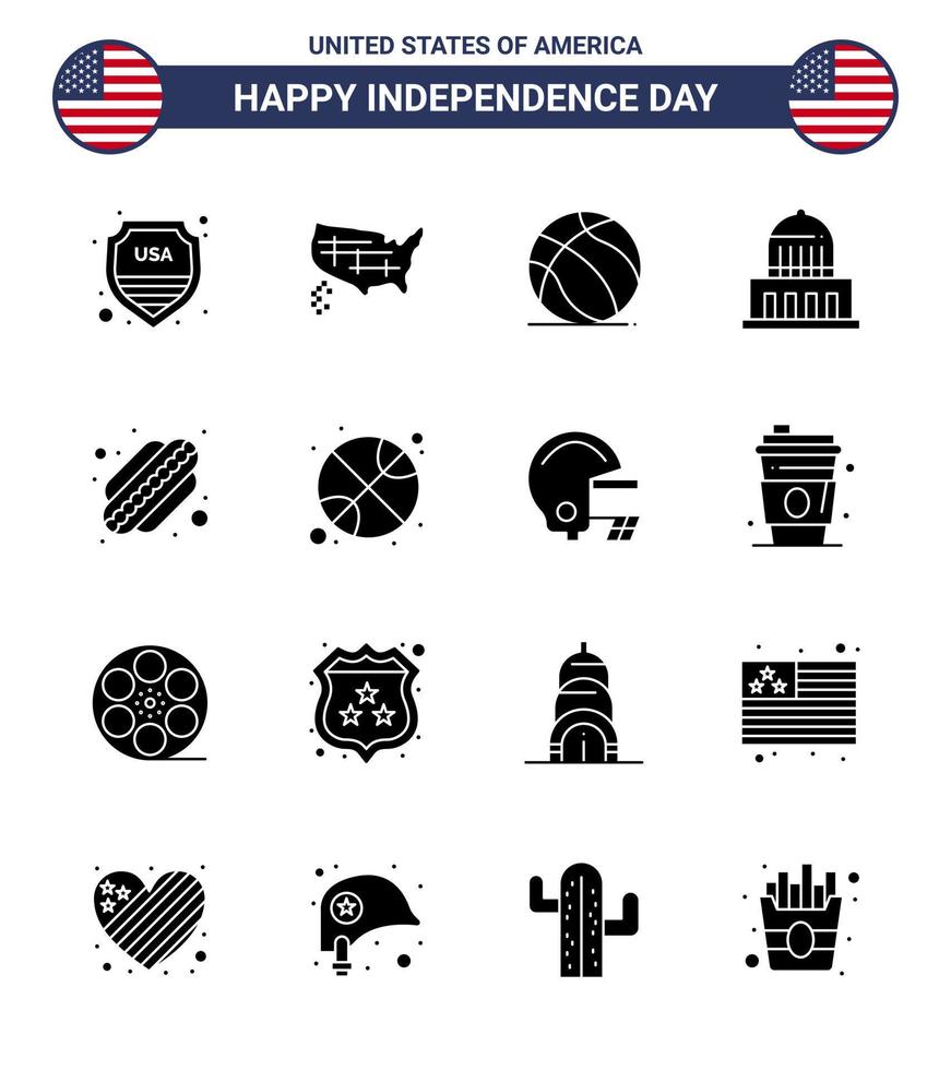 Happy Independence Day 4th July Set of 16 Solid Glyphs American Pictograph of hotdog usa football landmark building Editable USA Day Vector Design Elements