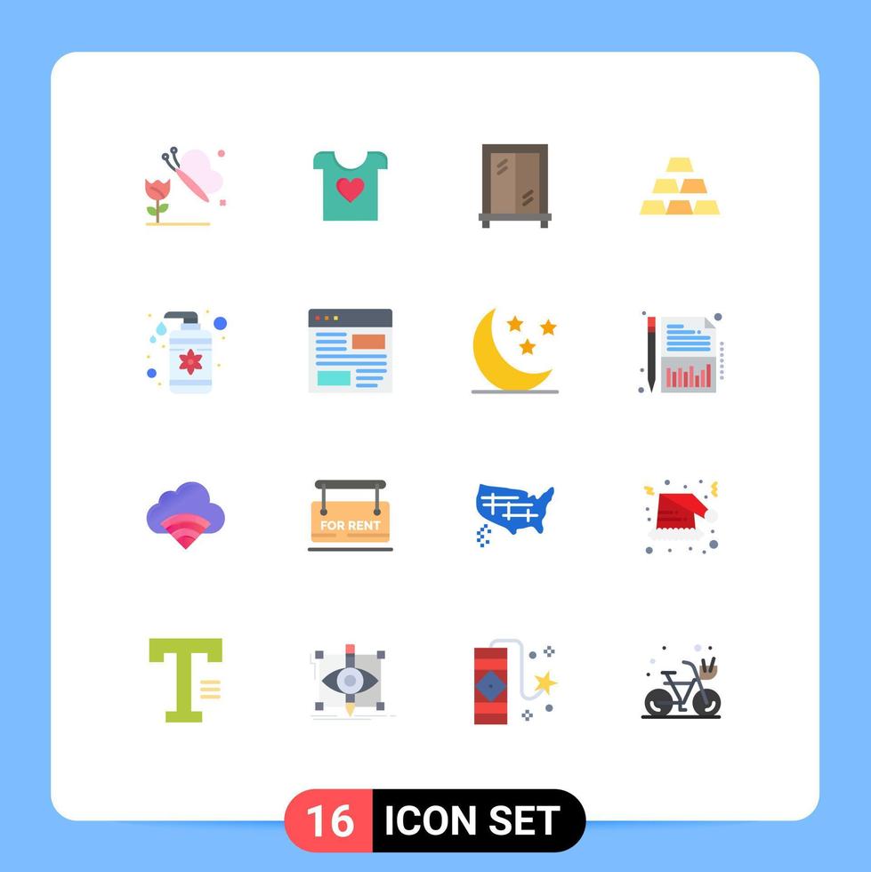 Pack of 16 Modern Flat Colors Signs and Symbols for Web Print Media such as application spa window lotion stack Editable Pack of Creative Vector Design Elements