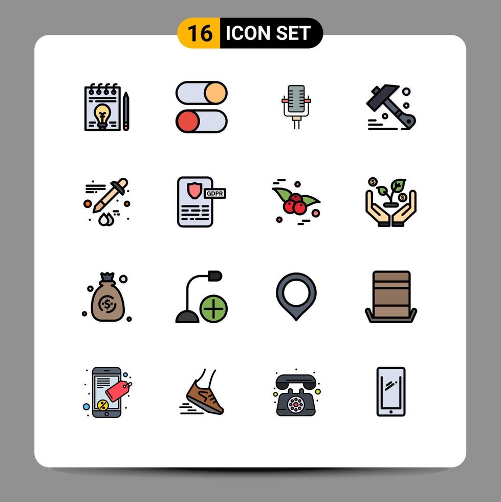 Modern Set of 16 Flat Color Filled Lines Pictograph of dropper tool settings hammer song Editable Creative Vector Design Elements