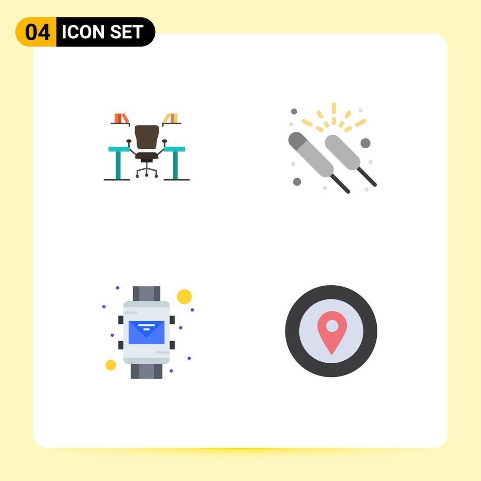 4 Universal Flat Icons Set for Web and Mobile Applications table fireworks computer work place night Editable Vector Design Elements