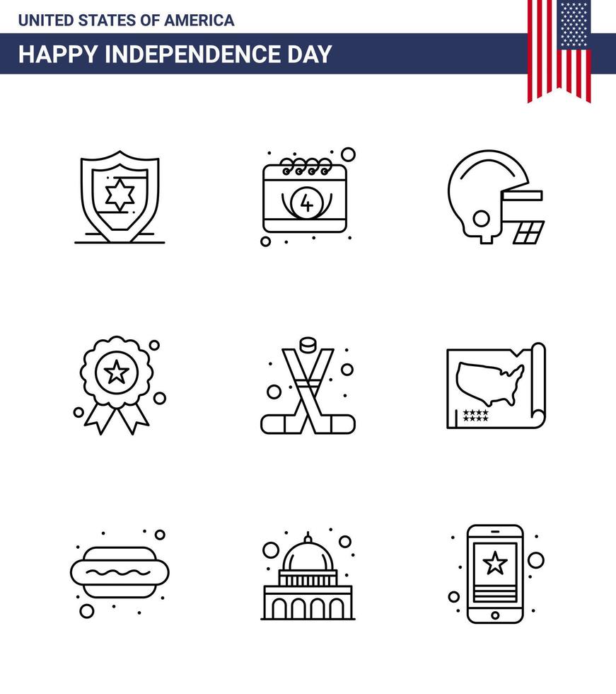 feliz día de la independencia paquete de iconos de 9 líneas para web e impresión hockey sobre hielo americano fútbol hockey día de la independencia editable día de estados unidos elementos de diseño vectorial vector