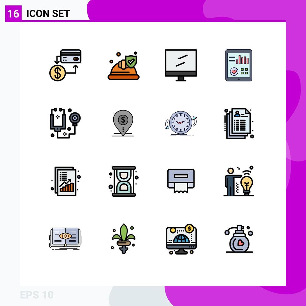 Group of 16 Flat Color Filled Lines Signs and Symbols for doctor pulse shield heart monitoring Editable Creative Vector Design Elements