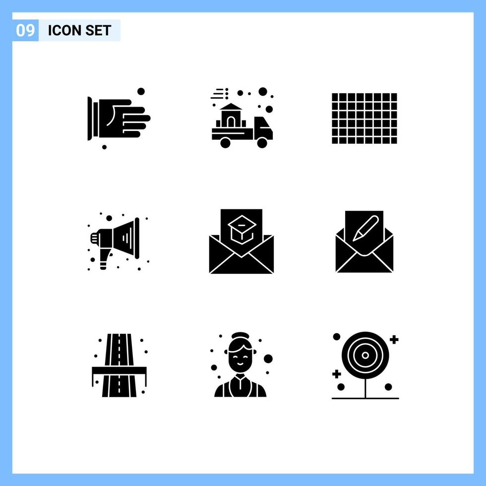 9 Thematic Vector Solid Glyphs and Editable Symbols of invite education candy communication megaphone Editable Vector Design Elements