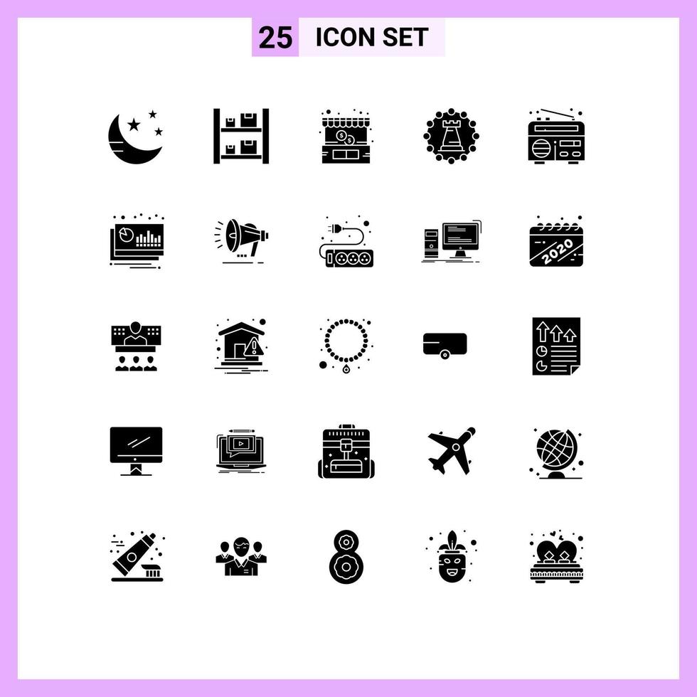 Solid Glyph Pack of 25 Universal Symbols of frequency rook buy tower castle Editable Vector Design Elements